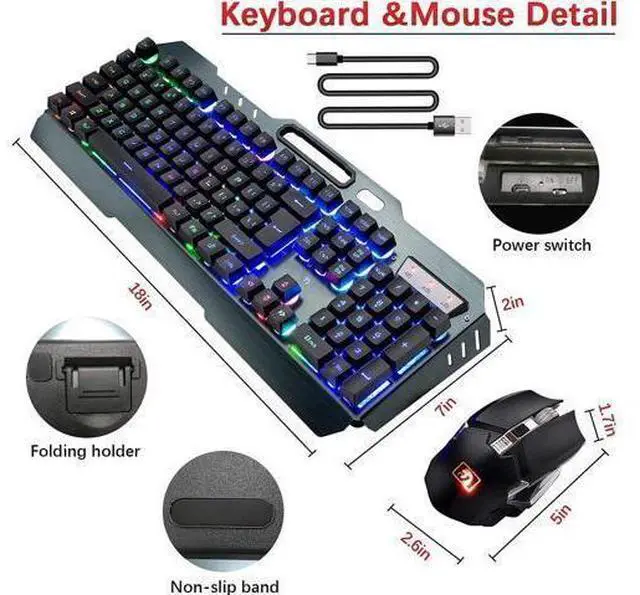 Alt view image 14 of 14 - Wireless Gaming Keyboard and Mouse, Rechargeable, Rainbow Backlit with 3800mAh Battery Metal Panel,Mechanical Feel Keyboard and 7 Color Mute Mouse for Windows Computer Gamers