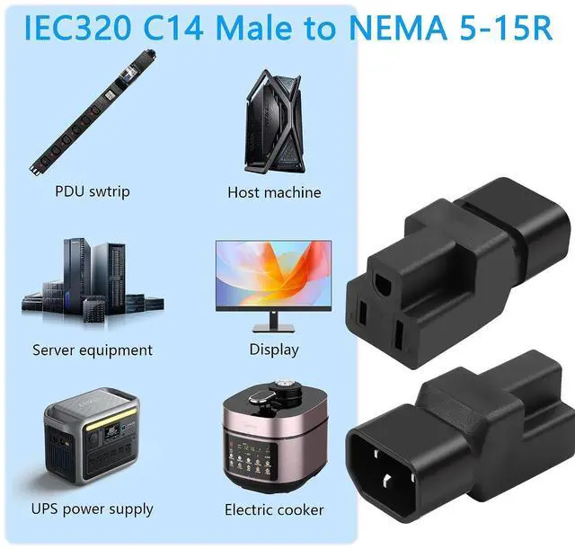 Alt view image 9 of 14 - 2 Pack IEC320 C14 Male to NEMA 5-15R PDU USA UPS Extension Power Plug Adapter, 5-15R to C14 Converter Connector, 10A 125V