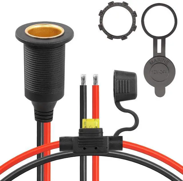 Alt view image 8 of 14 - 12V/24V Fixed Thread Cigarette Lighter Socket Extension Cable,20A 13AWG Waterproof Cigarette Lighter Female Socket Replacement Cable-0.3m/1ft