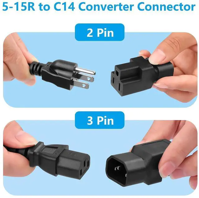 Alt view image 12 of 14 - 2 Pack IEC320 C14 Male to NEMA 5-15R PDU USA UPS Extension Power Plug Adapter, 5-15R to C14 Converter Connector, 10A 125V
