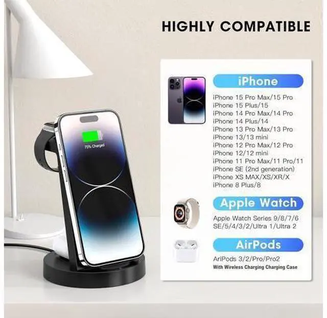Alt view image 11 of 12 - 3 in 1 Charging Station for iPhone, Wireless Charger for iPhone 15 14 13 12 11 X Pro Max & Apple Watch - Wireless Charging Station for 3 2
