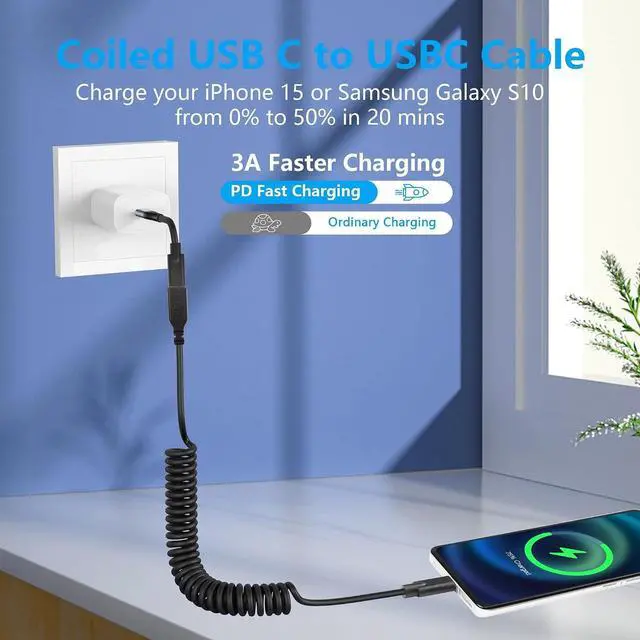 Alt view image 12 of 14 - Coiled USB Type C Extension Cable, USB-C Male to USB-C Female Spring Spiral Fast Charger Cable Stretched 3.6FT/1.1M (Straight)