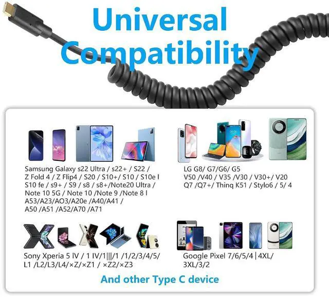 Alt view image 14 of 14 - Coiled USB Type C Extension Cable, USB-C Male to USB-C Female Spring Spiral Fast Charger Cable Stretched 3.6FT/1.1M (Straight)