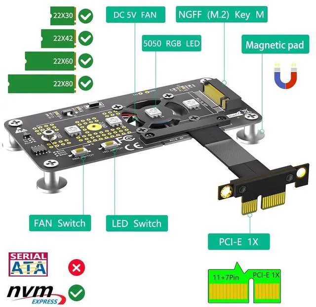 Alt view image 10 of 14 - M.2 NVME SSD Adapter with Fan, Supports 2242/2260/2280 Drives, PCIe x4 Extension Cable (PCIe x4, 5cm)