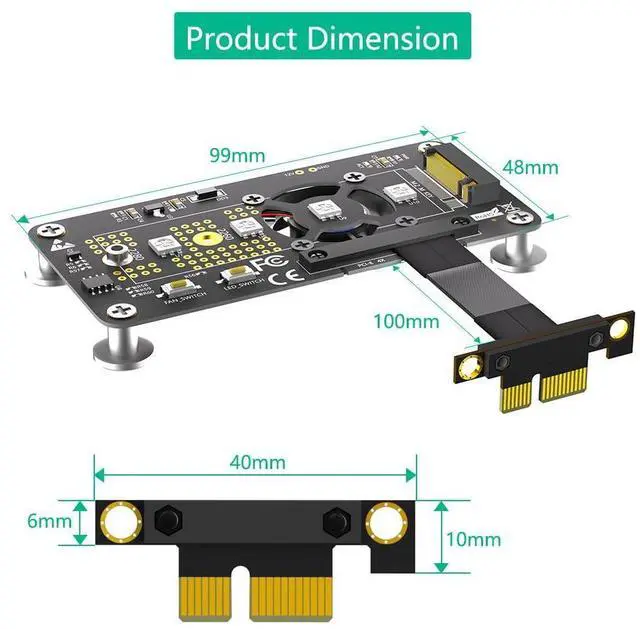 Alt view image 11 of 14 - M.2 NVME SSD Adapter with Fan, Supports 2242/2260/2280 Drives, PCIe x4 Extension Cable (PCIe x4, 5cm)