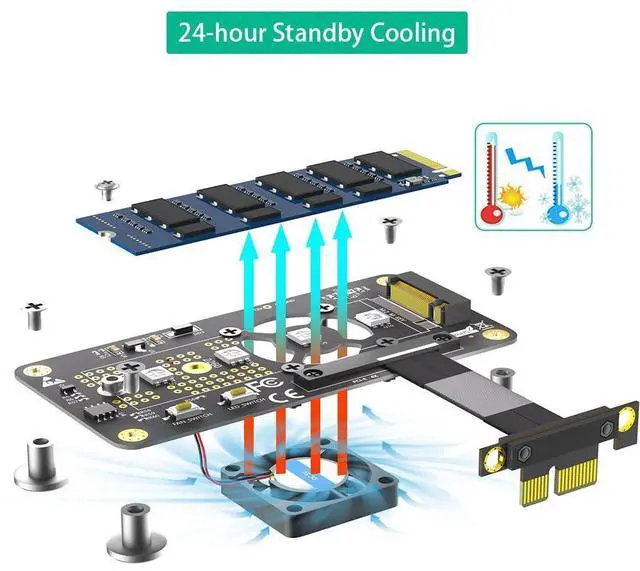 Alt view image 14 of 14 - M.2 NVME SSD Adapter with Fan, Supports 2242/2260/2280 Drives, PCIe x4 Extension Cable (PCIe x4, 5cm)