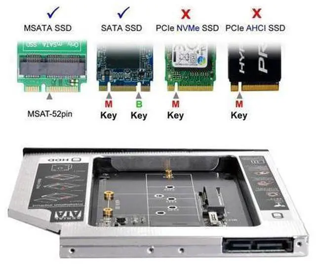 Alt view image 10 of 12 - Vszerda MSATA NGFF B/M-Key SSD to Slimline SATA 13Pin Caddy Case for 9.5mm Universal Laptop CD/DVD-ROM Optical Bay
