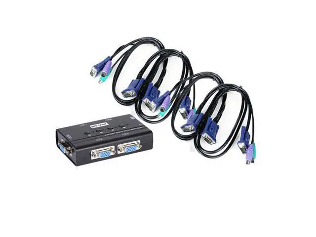 Alt view image 2 of 2 - 4 Port VGA KVM Switch PS/2 Mouse Keyboard Console Manual Button Press Select With Cable High Resolution 460SL