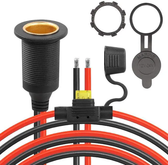 Alt view image 8 of 14 - 12V/24V Fixed Thread Cigarette Lighter Socket Extension Cable,20A 13AWG Waterproof Cigarette Lighter Female Socket Replacement Cable-(1M)