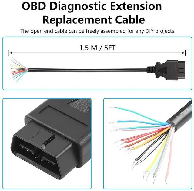 Alt view image 11 of 14 - OBD2 OBDII 16Pin Male Connector to Open Pigtail Wire, 5ft 1.5m OBD Diagnostic Extension Replacement Cable for Vehicle DIY
