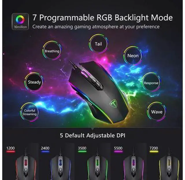 Alt view image 8 of 12 - Gaming Mouse Wired, RGB Chroma Backlit Gaming Mouse, 8 Programmable Buttons, 7200 DPI Adjustable, Comfortable Grip Ergonomic Optical PC Computer Gaming Mice with Fire Button, Sega Genesis Acces