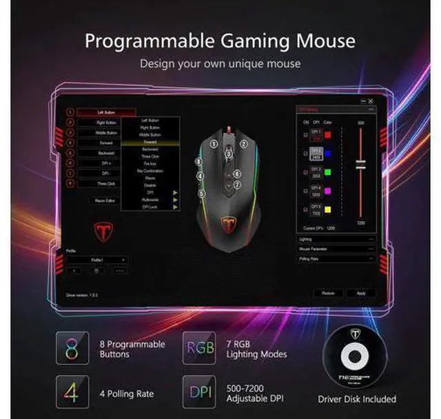 Alt view image 11 of 12 - Gaming Mouse Wired, RGB Chroma Backlit Gaming Mouse, 8 Programmable Buttons, 7200 DPI Adjustable, Comfortable Grip Ergonomic Optical PC Computer Gaming Mice with Fire Button, Sega Genesis Acces