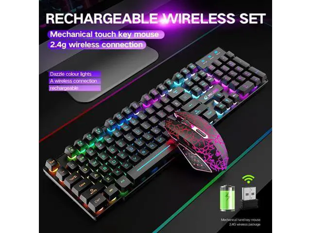 Alt view image 8 of 12 - Wireless Gaming Keyboard and Mouse Combo Rainbow Backlight Quiet Ergonomic Mechanical Feeling Anti-ghosting Keyboard Mouse with Rechargeable 4000mAh Battery Mouse Pad for Computer Mac Gamer