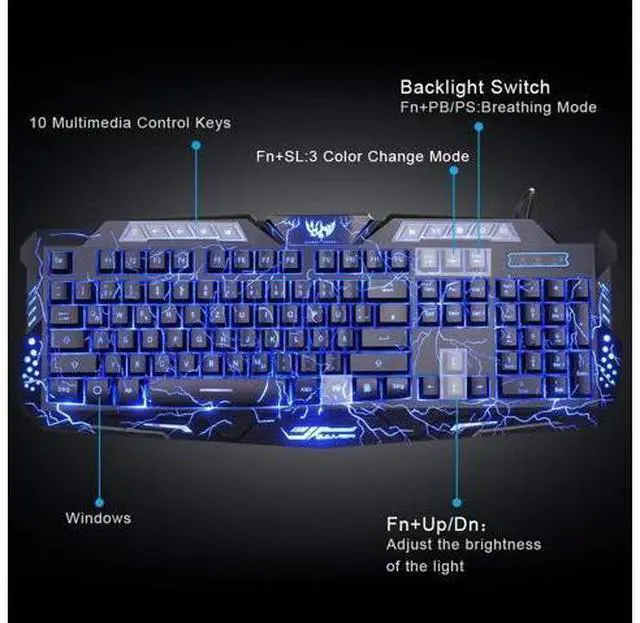 Alt view image 12 of 14 - BlueFinger Gaming Keyboard and Mouse,USB Wired Backlit Gaming Mouse and Keyboard Combo,Letters Glow, 3 Color Crack Backlit,Illumination Keyboard and Mouse Set for Game and Work
