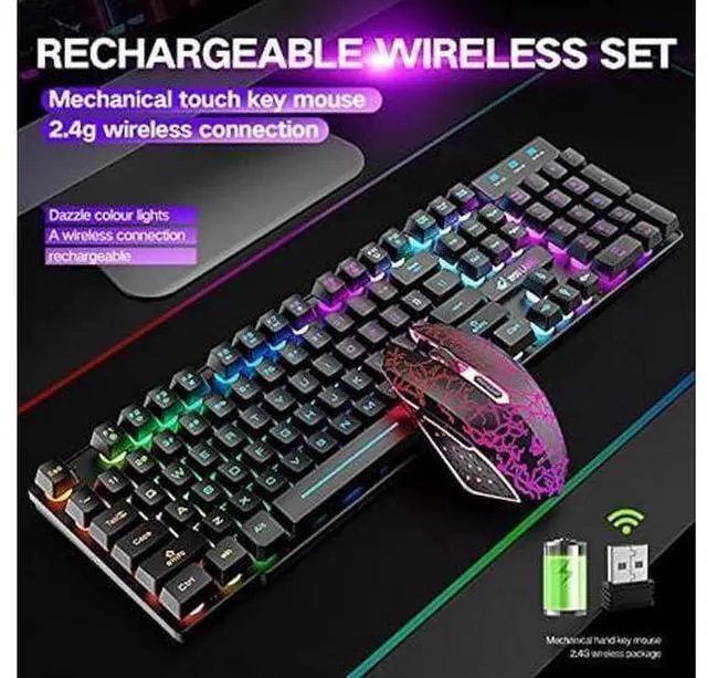 Alt view image 8 of 12 - Wireless Gaming Keyboard and Mouse Combo Rainbow Backlight Quiet Ergonomic Mechanical Feeling Anti-ghosting Keyboard Mouse with Rechargeable 4000mAh Battery Mouse Pad for Computer Mac Gamer