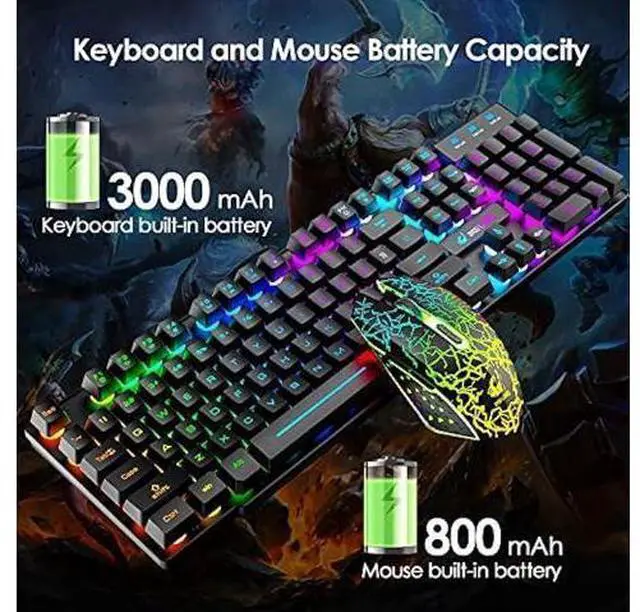 Alt view image 11 of 12 - Wireless Gaming Keyboard and Mouse Combo Rainbow Backlight Quiet Ergonomic Mechanical Feeling Anti-ghosting Keyboard Mouse with Rechargeable 4000mAh Battery Mouse Pad for Computer Mac Gamer