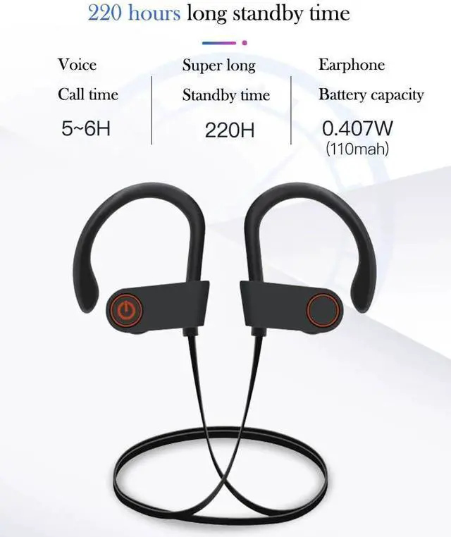 Alt view image 14 of 14 - IPX7 Waterproof Wireless Headset Sports Bass Wireless Bluetooth 5.0 Earphones Hanging Ear with Microphone (Red)