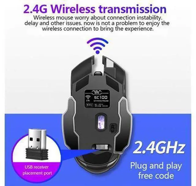 Alt view image 10 of 14 - Vszerda SC100 Silent Wireless Gaming Mouse Rechargeable, with Side Buttons, LED Backlit, DPI Adjustable, 2.4G Wireless Optical Computer Mice Punk Cool Mouse for Games/Work (Black)