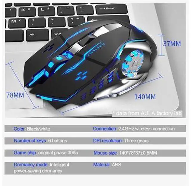 Alt view image 14 of 14 - Vszerda SC100 Silent Wireless Gaming Mouse Rechargeable, with Side Buttons, LED Backlit, DPI Adjustable, 2.4G Wireless Optical Computer Mice Punk Cool Mouse for Games/Work (Black)