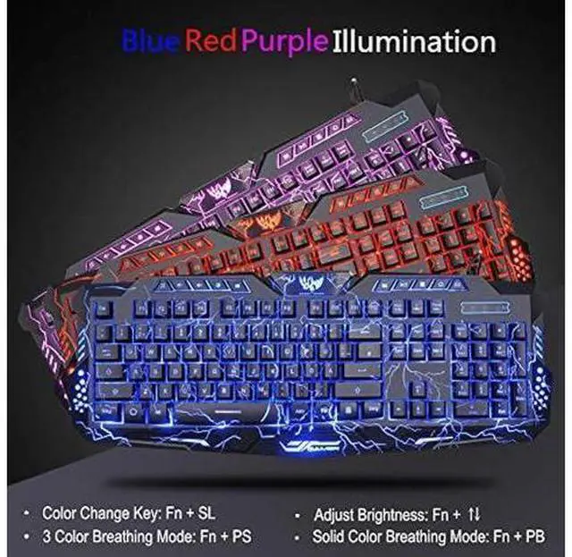 Alt view image 9 of 14 - BlueFinger Gaming Keyboard and Mouse,USB Wired Backlit Gaming Mouse and Keyboard Combo,Letters Glow, 3 Color Crack Backlit,Illumination Keyboard and Mouse Set for Game and Work