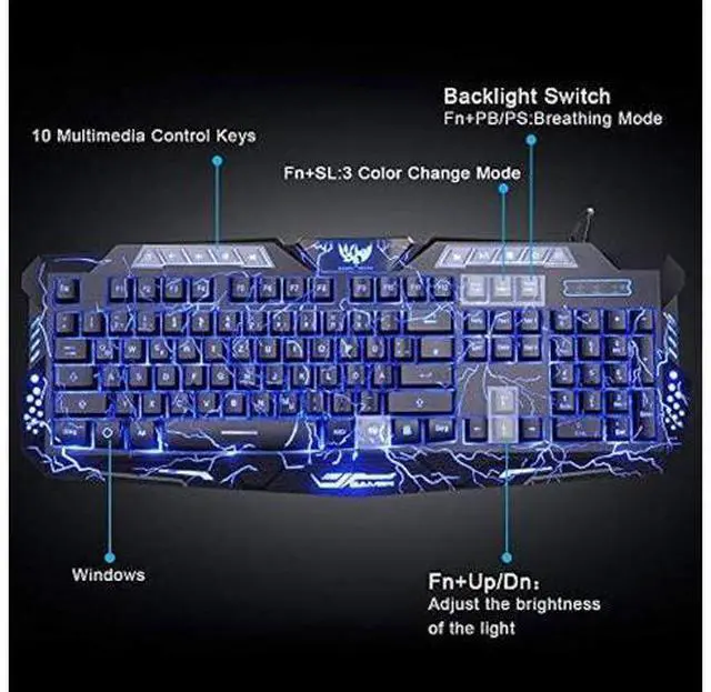Alt view image 12 of 14 - BlueFinger Gaming Keyboard and Mouse,USB Wired Backlit Gaming Mouse and Keyboard Combo,Letters Glow, 3 Color Crack Backlit,Illumination Keyboard and Mouse Set for Game and Work