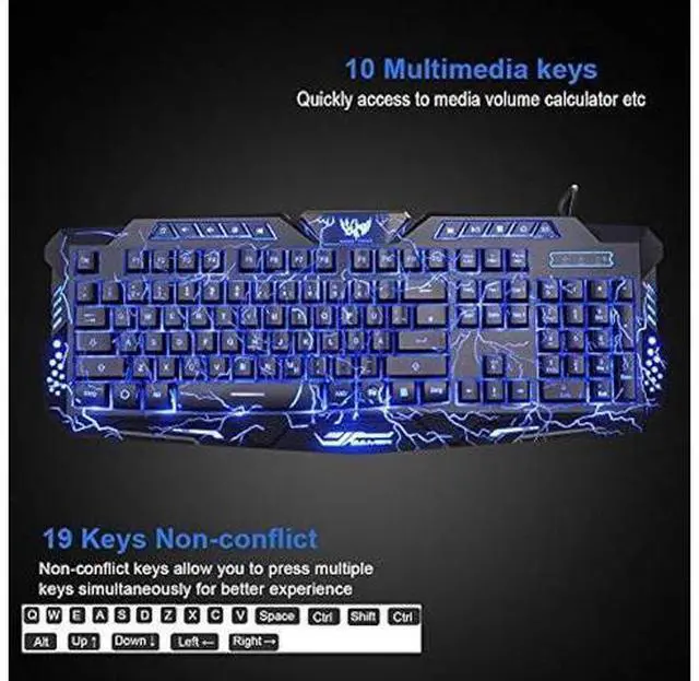 Alt view image 10 of 14 - BlueFinger Gaming Keyboard and Mouse,USB Wired Backlit Gaming Mouse and Keyboard Combo,Letters Glow, 3 Color Crack Backlit,Illumination Keyboard and Mouse Set for Game and Work