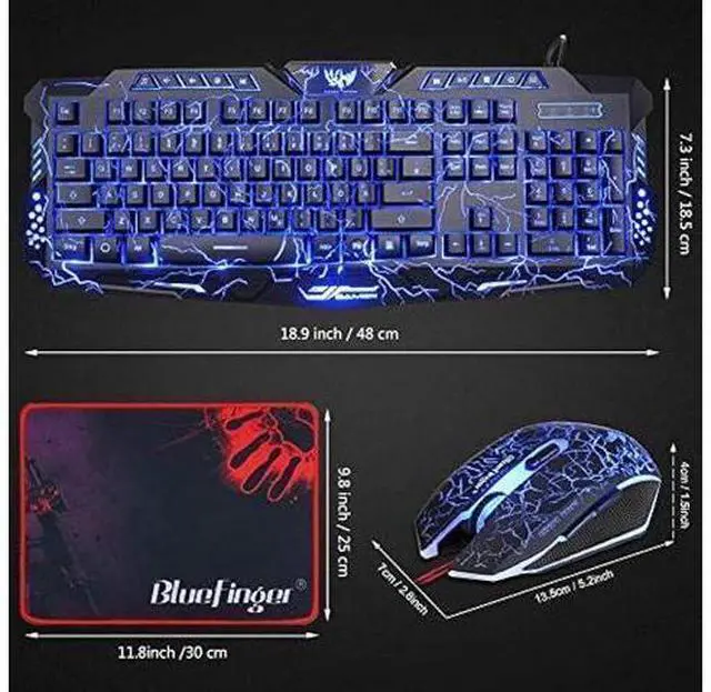Alt view image 14 of 14 - BlueFinger Gaming Keyboard and Mouse,USB Wired Backlit Gaming Mouse and Keyboard Combo,Letters Glow, 3 Color Crack Backlit,Illumination Keyboard and Mouse Set for Game and Work
