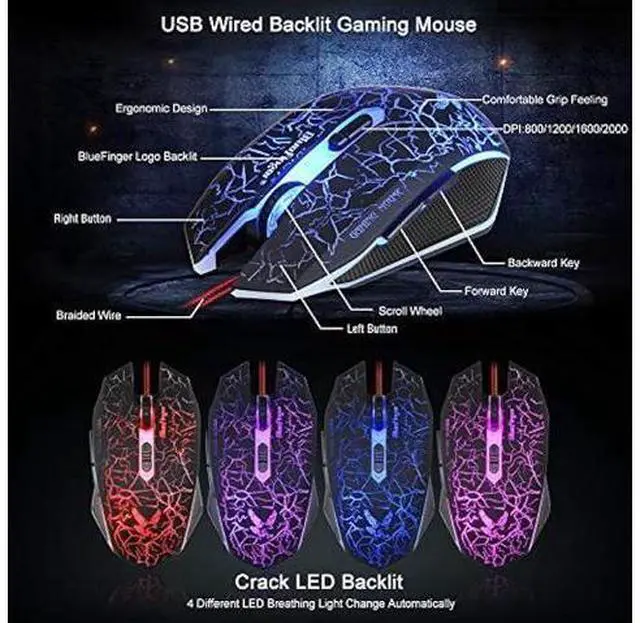Alt view image 13 of 14 - BlueFinger Gaming Keyboard and Mouse,USB Wired Backlit Gaming Mouse and Keyboard Combo,Letters Glow, 3 Color Crack Backlit,Illumination Keyboard and Mouse Set for Game and Work