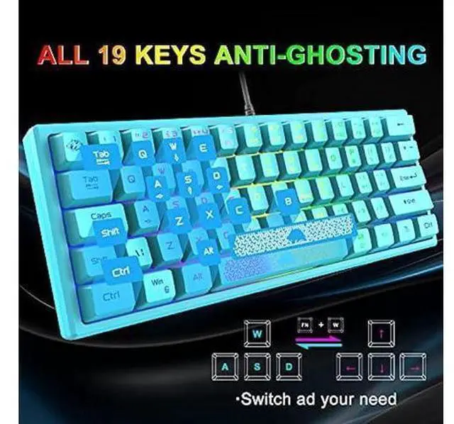 Alt view image 12 of 14 - 60% Gaming Keyboard and Mouse Combo Rainbow LED Backlit Keyboard with 61 Keys Membrane Mini Portable Ergonomic Design Ultralight Gaming Mouse 6400 DPI,Gaming Mouse Pad for Windows PC Gamers(Blue)