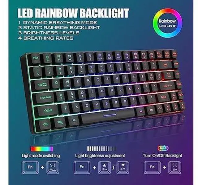 Alt view image 9 of 12 - RedThunder K84 Wireless Keyboard and Mouse Combo, Rainbow LED Backlit Rechargeable Battery, 75% Layout 84 Keys TKL Ultra Compact Gaming Keyboard & Lightweight 7200 DPI Honeycomb Optical Mouse (Black)