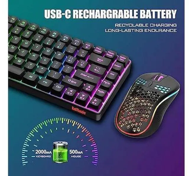 Alt view image 11 of 12 - RedThunder K84 Wireless Keyboard and Mouse Combo, Rainbow LED Backlit Rechargeable Battery, 75% Layout 84 Keys TKL Ultra Compact Gaming Keyboard & Lightweight 7200 DPI Honeycomb Optical Mouse (Black)