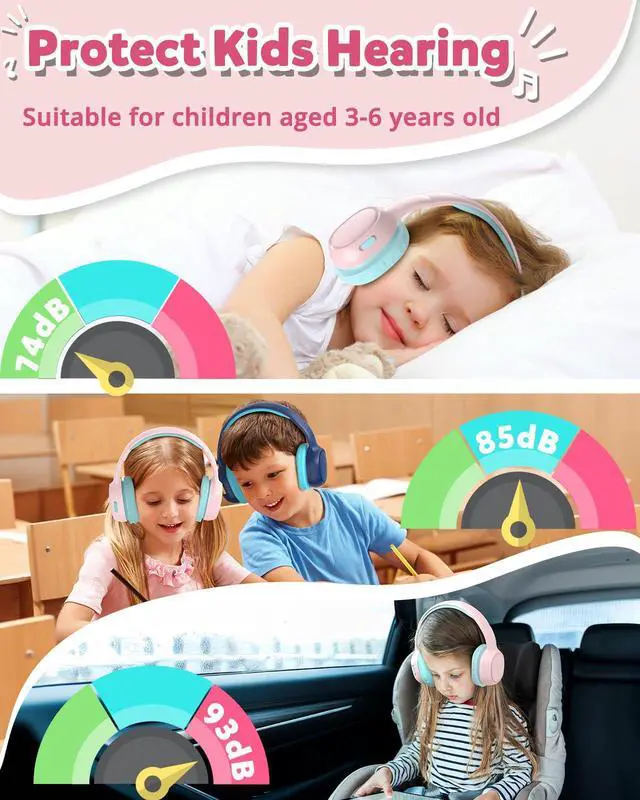 Alt view image 7 of 10 - Tronsmart KH02 Kids Bluetooth Headphones Volume Limit 74/85/93dB, 45H Playtime, Bluetooth 5.3, Built-in 3.5mm Audio Cable, Foldable, Wireless Headphones with Microphone for School/Travel/Plane(Pink)