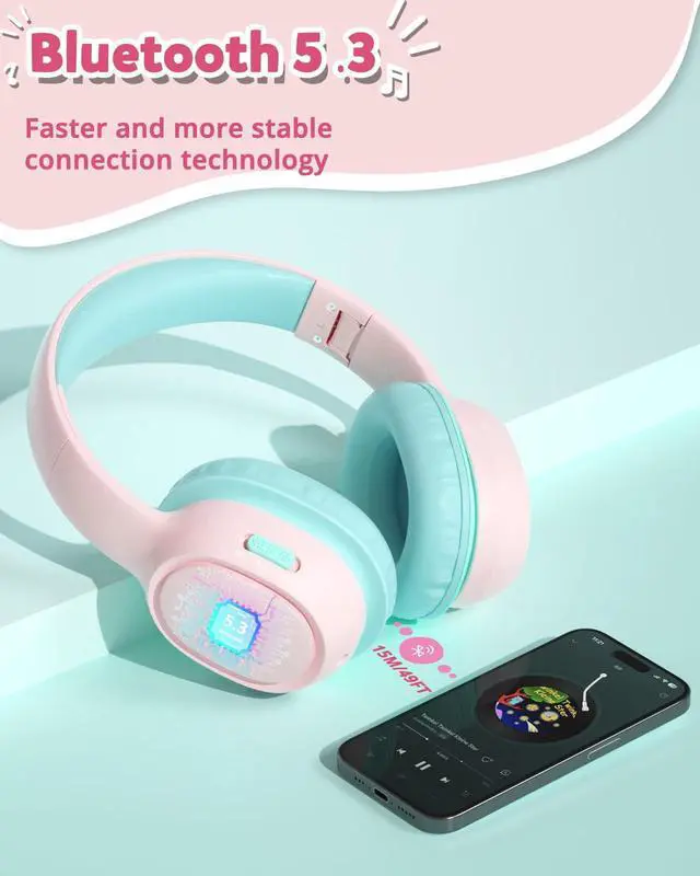 Alt view image 9 of 10 - Tronsmart KH02 Kids Bluetooth Headphones Volume Limit 74/85/93dB, 45H Playtime, Bluetooth 5.3, Built-in 3.5mm Audio Cable, Foldable, Wireless Headphones with Microphone for School/Travel/Plane(Pink)