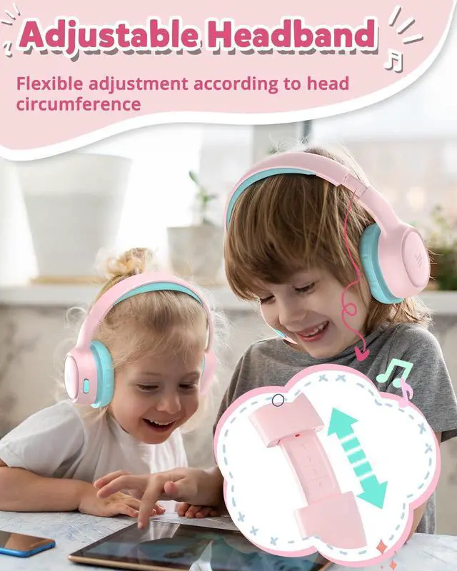 Alt view image 10 of 10 - Tronsmart KH02 Kids Bluetooth Headphones Volume Limit 74/85/93dB, 45H Playtime, Bluetooth 5.3, Built-in 3.5mm Audio Cable, Foldable, Wireless Headphones with Microphone for School/Travel/Plane(Pink)