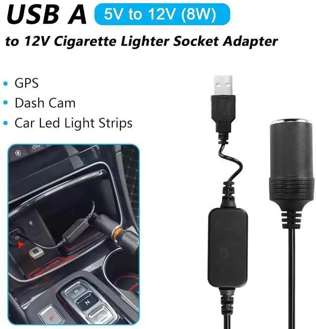 Alt view image 9 of 14 - 1ft USB A Male to 12V 8W Cigarette Lighter Socket Adapter Power Cable for Dash Cam, GPS, Car Led Light Strips, and Other Automotive Electronics
