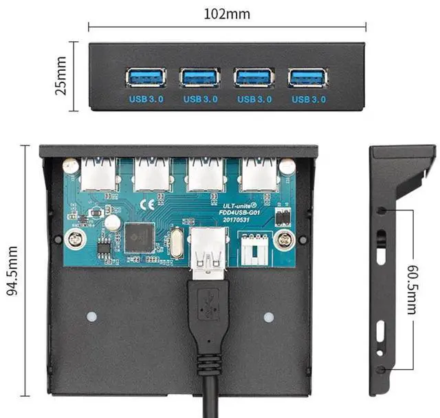 Alt view image 5 of 6 - USB 3.0 HUB 4 Ports Front Panel to Motherboard 20Pin Connector Cable for 3.5inch Floppy Bay