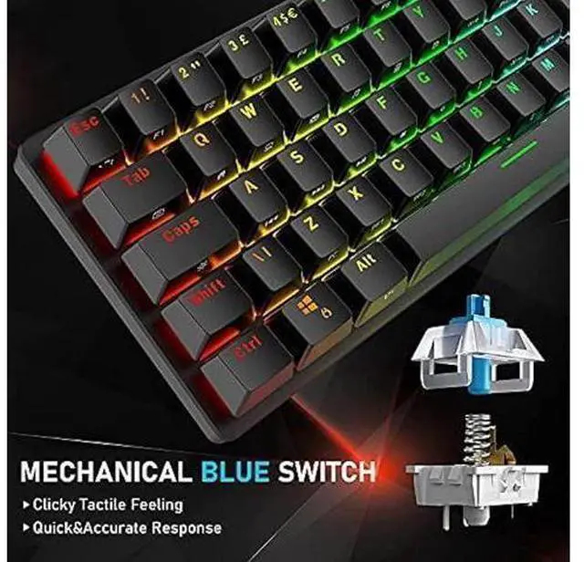 Alt view image 12 of 12 - Wired Gaming Keyboard Mouse Combo Chroma RGB Backlit Mechanical Keyboard with 61 Keys Anti-ghosting Floating Keycaps Metal Plate Type-C RGB Gaming Mouse 6400 DPI for PC Gamers (Black/Blue Switch)
