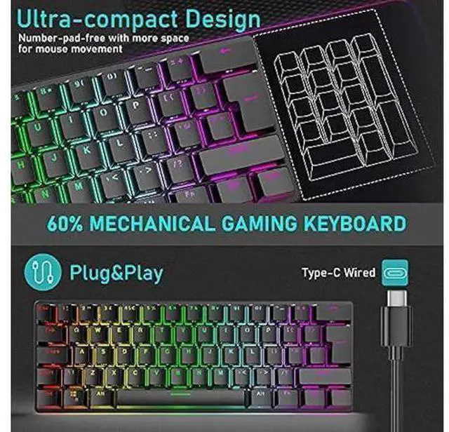 Alt view image 10 of 12 - Wired Gaming Keyboard Mouse Combo Chroma RGB Backlit Mechanical Keyboard with 61 Keys Anti-ghosting Floating Keycaps Metal Plate Type-C RGB Gaming Mouse 6400 DPI for PC Gamers (Black/Blue Switch)