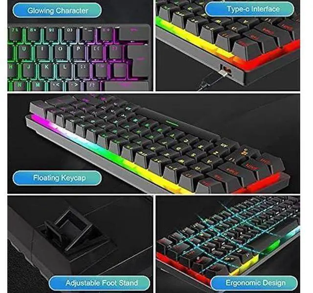 Alt view image 11 of 12 - Wired Gaming Keyboard Mouse Combo Chroma RGB Backlit Mechanical Keyboard with 61 Keys Anti-ghosting Floating Keycaps Metal Plate Type-C RGB Gaming Mouse 6400 DPI for PC Gamers (Black/Blue Switch)