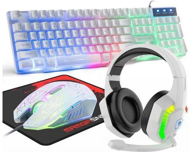 Alt view image 8 of 14 - Wired Gaming Keyboard and Mouse Headset Combo,Rainbow LED Backlit Wired Keyboard,Over Ear Headphone with Mic,Rainbow Backlit Gaming Mice,Mouse Pad,for PC,Laptop,Mac,PS4,Xbox(White)