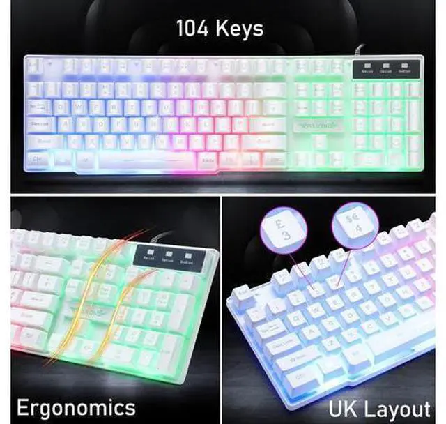 Alt view image 10 of 14 - Wired Gaming Keyboard and Mouse Headset Combo,Rainbow LED Backlit Wired Keyboard,Over Ear Headphone with Mic,Rainbow Backlit Gaming Mice,Mouse Pad,for PC,Laptop,Mac,PS4,Xbox(White)