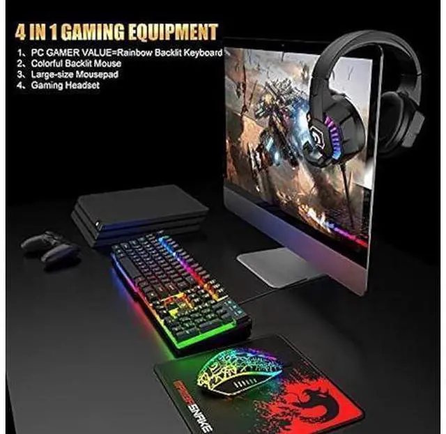 Alt view image 9 of 14 - Wired Gaming Keyboard and Mouse Headset Combo,Rainbow LED Backlit Wired Keyboard,Over Ear Headphone with Mic,Rainbow Backlit Gaming Mice,Mouse Pad,for PC,Laptop,Mac,PS4,Xbox(Black)