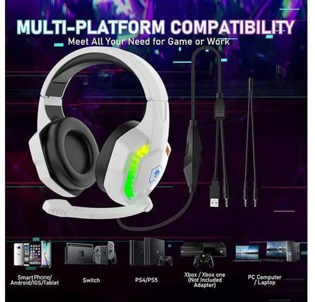 Alt view image 14 of 14 - Wired Gaming Keyboard and Mouse Headset Combo,Rainbow LED Backlit Wired Keyboard,Over Ear Headphone with Mic,Rainbow Backlit Gaming Mice,Mouse Pad,for PC,Laptop,Mac,PS4,Xbox(White)