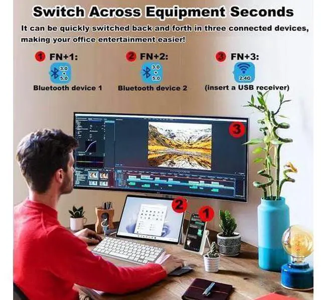 Alt view image 8 of 12 - Wireless Keyboard and Mouse Combo Tri-Mode 2.4G Bluetooth Keyboard Mouse Portable Slim 78 Keys Multi Device Keyboard 1600 DPI Optical Wireless Mouse with USB Receiver for IOS Android Windows Laptop