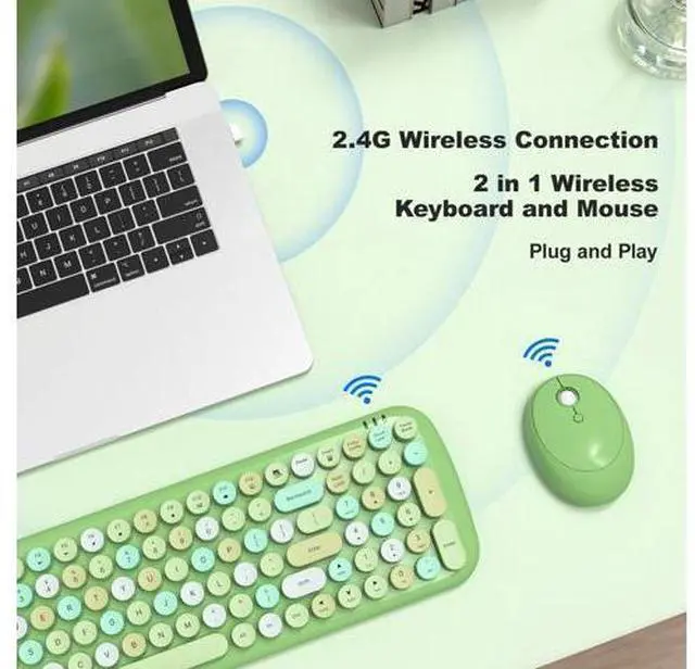 Alt view image 7 of 10 - SQMD Wireless Keyboard and Mouse, Typewriter Keyboard and Mouse Wireless Combo, 2.4GHz Wireless Retro Keyboard and Wireless Mouse for PC/Laptop/Desktop/Windows (Green Colorful)