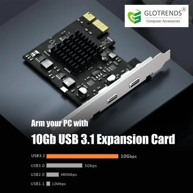 Alt view image 7 of 10 - GLOTRENDS U3142CX1 2-Port 10Gb USB 3.1 Gen2 Type-C to PCIE X1 Expansion Card with ASM 3142 Chip, Regular and Low-profible Bracket