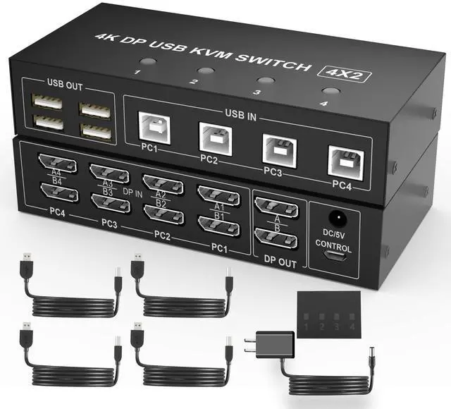 Alt view image 6 of 10 - 4 Port KVM Switch Dual Monitor Displayport 4K 60Hz, KVM Switch 2 Monitors 4 Computers with 4 USB 2.0 Hub, Dual Monitor Displayport KVM Switch Keyboard Mouse Switcher