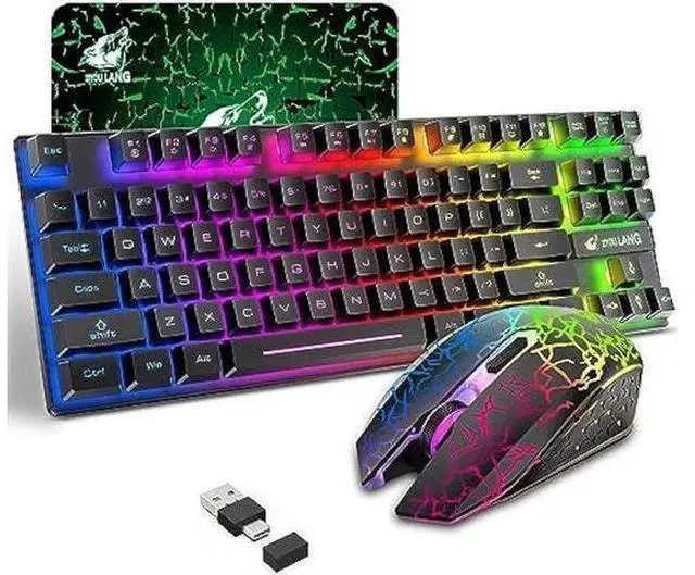 Alt view image 5 of 8 - Wireless Gaming Keyboard and Mouse Combo with 87 Key Rainbow LED Backlight Rechargeable 3800mAh Battery Mechanical Feel Anti-ghosting Ergonomic Waterproof RGB Mute Mice for Computer PC Gamer (Black)