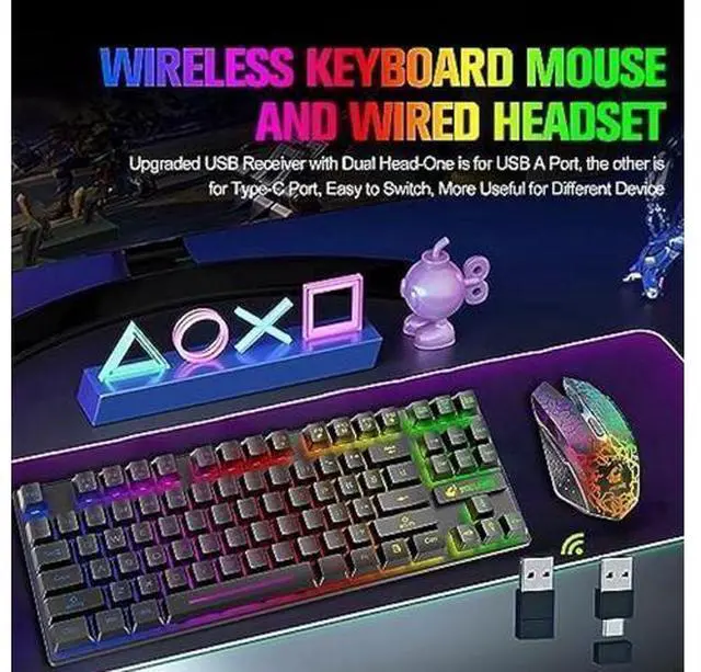 Alt view image 6 of 8 - Wireless Gaming Keyboard and Mouse Combo with 87 Key Rainbow LED Backlight Rechargeable 3800mAh Battery Mechanical Feel Anti-ghosting Ergonomic Waterproof RGB Mute Mice for Computer PC Gamer (Black)