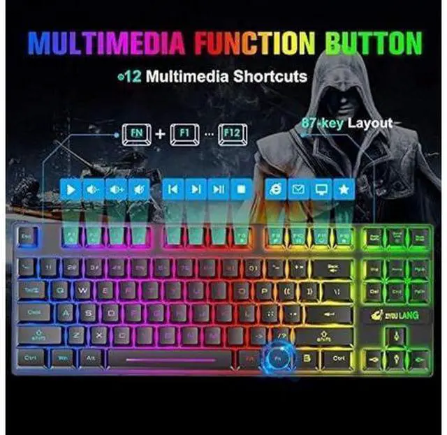 Alt view image 8 of 8 - Wireless Gaming Keyboard and Mouse Combo with 87 Key Rainbow LED Backlight Rechargeable 3800mAh Battery Mechanical Feel Anti-ghosting Ergonomic Waterproof RGB Mute Mice for Computer PC Gamer (Black)